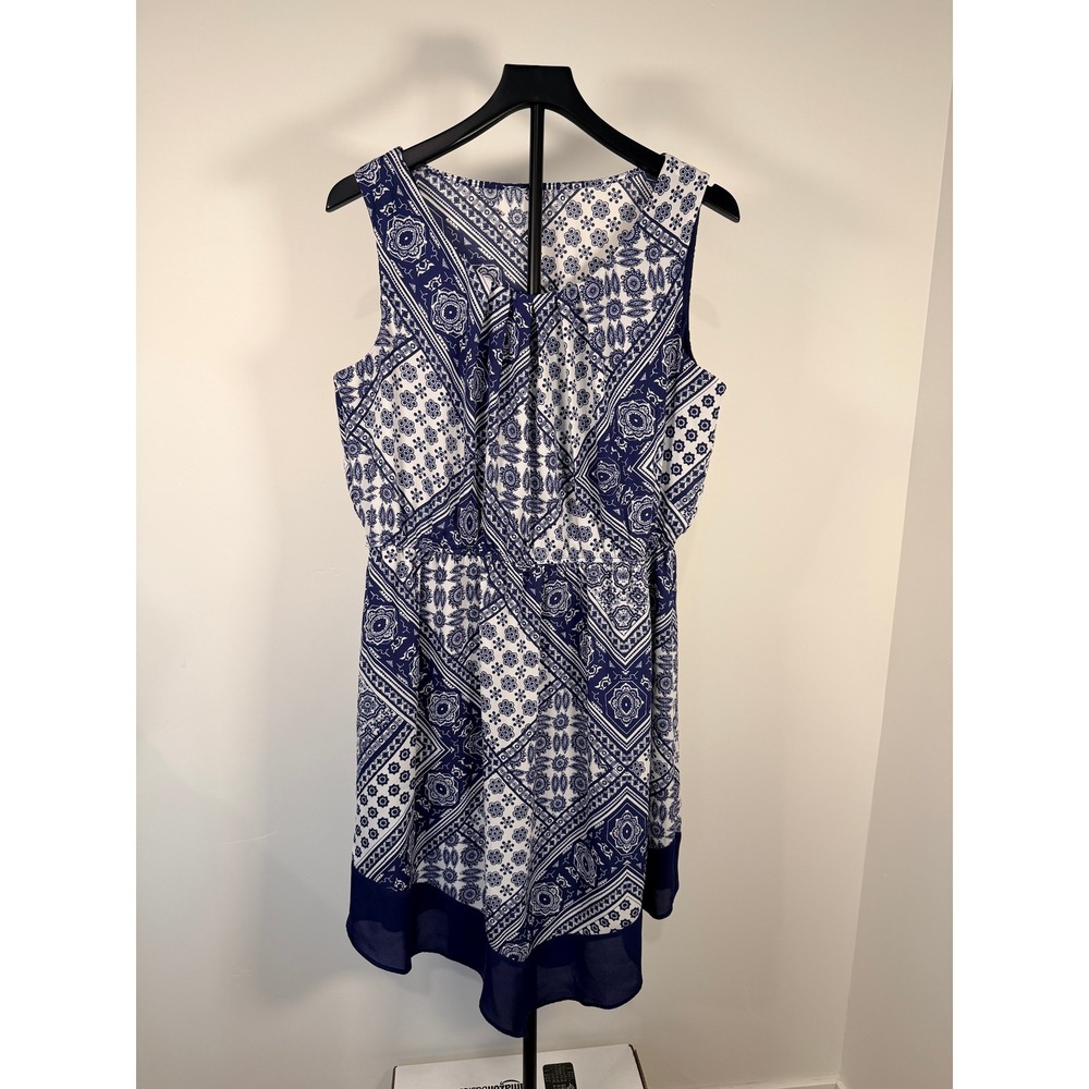 AB Studio Womens XL Blue White Bandana Print Sleeveless V-Neck Dress